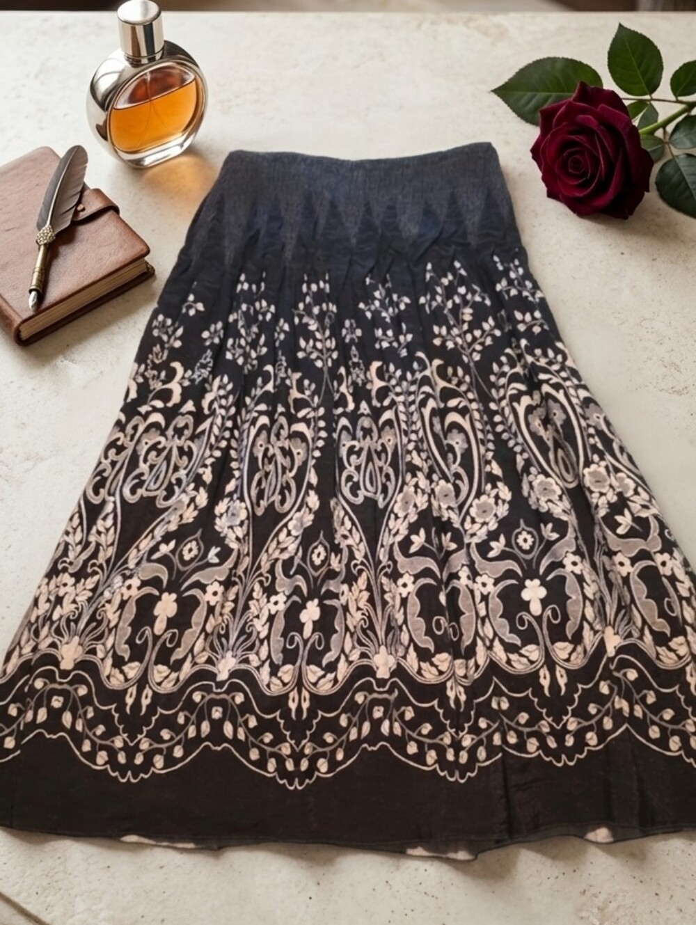 Christopher & Banks Black Maxi Skirt with White Floral Border